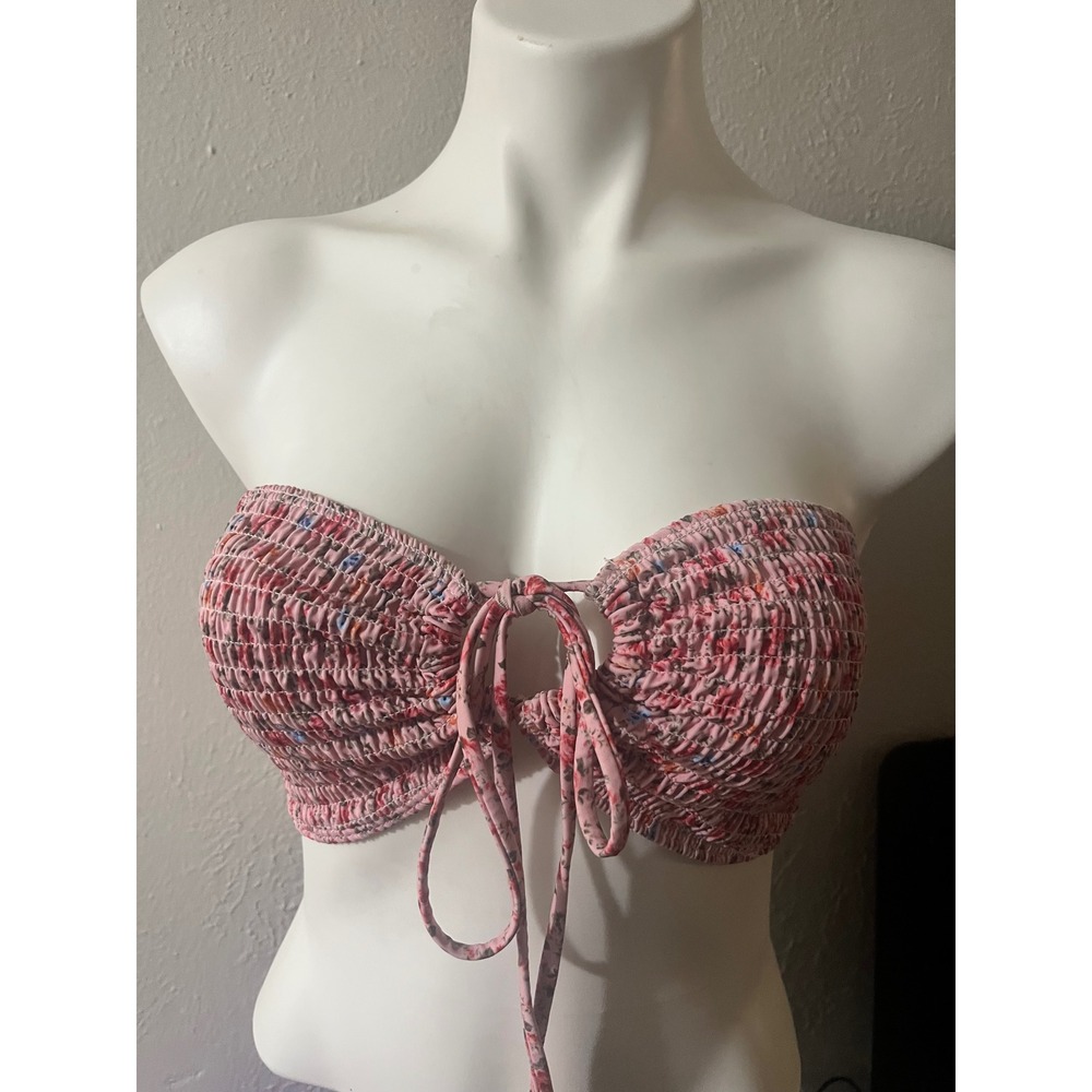 Pink Floral Smocked Bandeau Bikini Top Front Tie Keyhole‎ Strapless Swim Size L